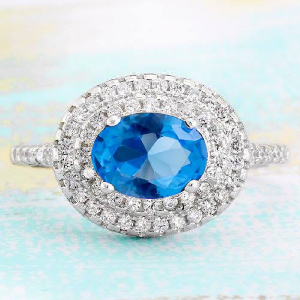 Oval Blue Topaz Double Halo Gemstone Ring, 925 Sterling Silver Charmed Aroma